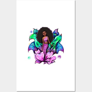 Top 10 of the Best Mermaid gifts 2022 Coco the Magical rainbow mermaid with brown eyes, flowing Afro hair and caramel brown skin - light background Posters and Art